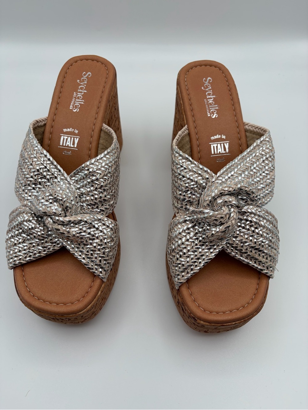 Seychelles Adorned Anthropologie Silver Raffia Platform Slide Sandals Size 10 - Picture 2 of 12